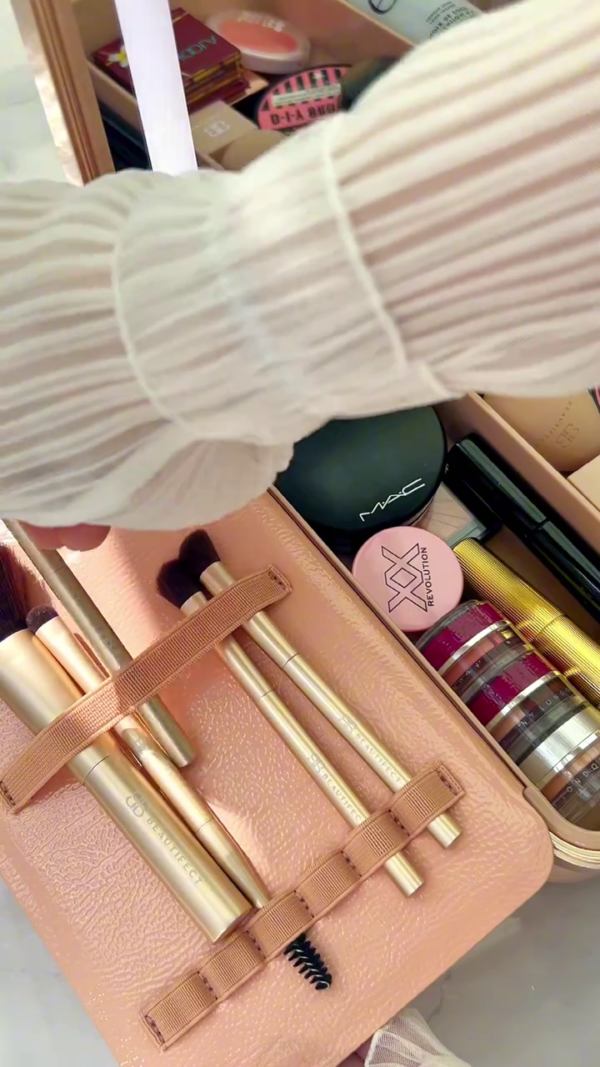 Luxury Portable Makeup Organizer with Built-In LED Mirror Featuring a Curated Collection of Premium Face, Eye, and Brow Products – Including Setting Sprays, Brow Kits, Highlighters, Powders, Cream Bases, Brushes, and Multi-Layer Stackable Pigments for Flawless On-the-Go Glam - Image 2