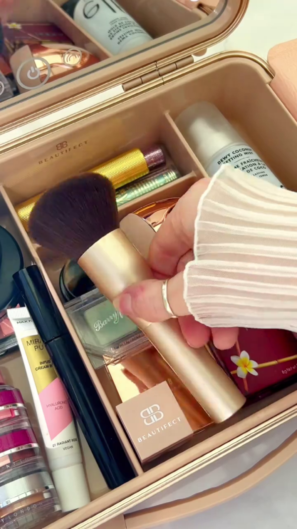 Luxury Portable Makeup Organizer with Built-In LED Mirror Featuring a Curated Collection of Premium Face, Eye, and Brow Products – Including Setting Sprays, Brow Kits, Highlighters, Powders, Cream Bases, Brushes, and Multi-Layer Stackable Pigments for Flawless On-the-Go Glam - Image 3