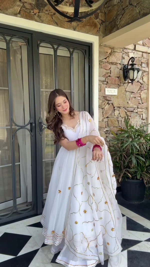 White Georgette Anarkali Suit Set Featuring Golden Embroidered Floral Motifs with Flowing Dupatta, Paired with Traditional Bangles and Statement Earrings – Perfect for Festive Celebrations and Ethnic Occasions - Image 3