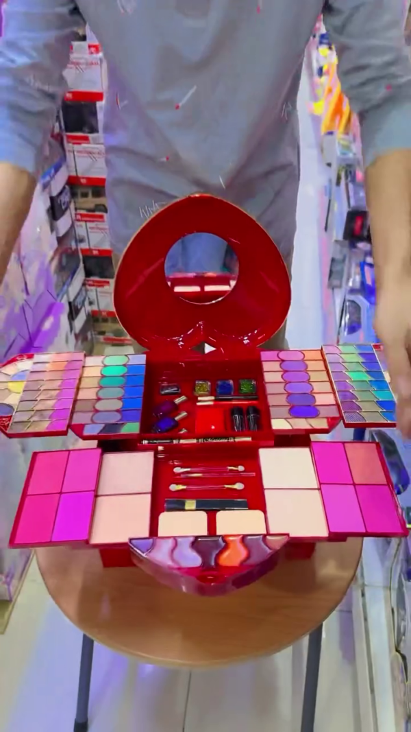 All-in-One Professional Makeup Kit with Mirror, Foldable Multi-Layer Storage, Vibrant Eyeshadow Palette, Lip Colors, Blush, Highlighter, Compact Powders, and Essential Applicators in Stylish Red Box Design - Image 2