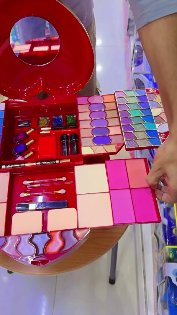 All-in-One Professional Makeup Kit with Mirror, Foldable Multi-Layer Storage, Vibrant Eyeshadow Palette, Lip Colors, Blush, Highlighter, Compact Powders, and Essential Applicators in Stylish Red Box Design - Image 3