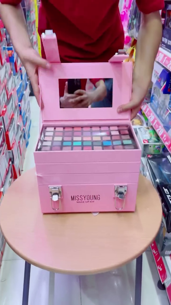 Miss Young All-in-One Professional Makeup Kit Box with Mirror – Multi-Layer Cosmetic Set Including Eyeshadows, Lipsticks, Blushes, Powders, and Brushes in Stylish Portable Pink Case for Girls and Women