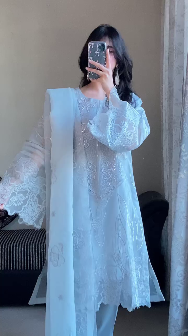 Sky Blue Embroidered Organza 3-Piece Suit for Women – Floral Cutwork Detailing with Sheer Full Sleeves, Scalloped Hem, Matching Dupatta and Trousers – Ideal for Festive, Party or Semi-Formal Wear