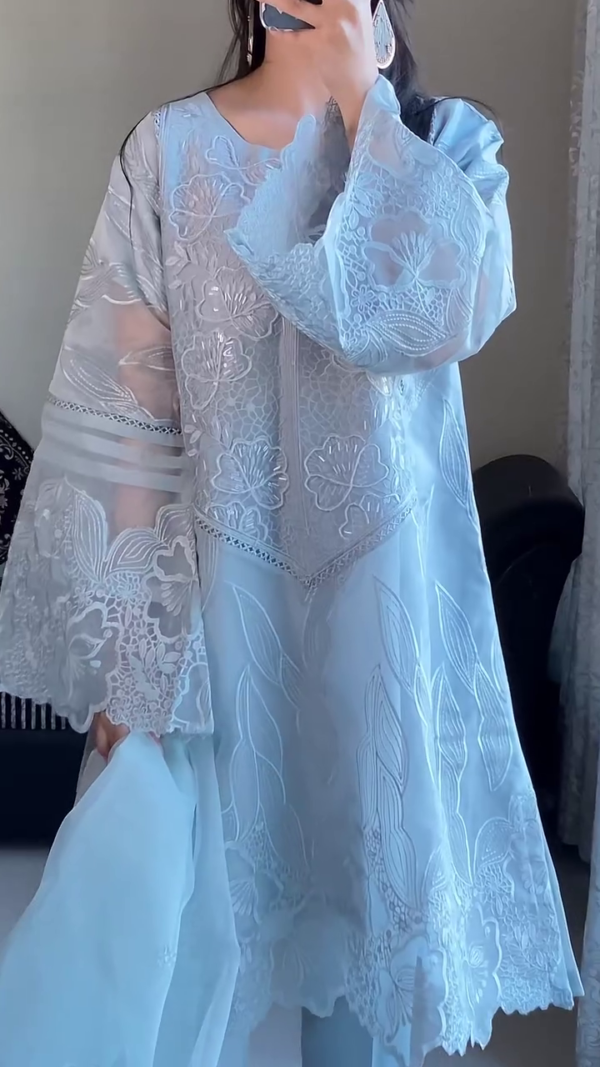 Sky Blue Embroidered Organza 3-Piece Suit for Women – Floral Cutwork Detailing with Sheer Full Sleeves, Scalloped Hem, Matching Dupatta and Trousers – Ideal for Festive, Party or Semi-Formal Wear - Image 2