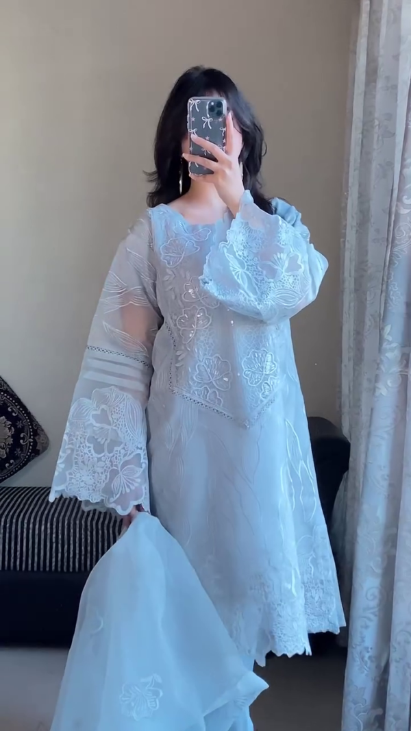 Sky Blue Embroidered Organza 3-Piece Suit for Women – Floral Cutwork Detailing with Sheer Full Sleeves, Scalloped Hem, Matching Dupatta and Trousers – Ideal for Festive, Party or Semi-Formal Wear - Image 3