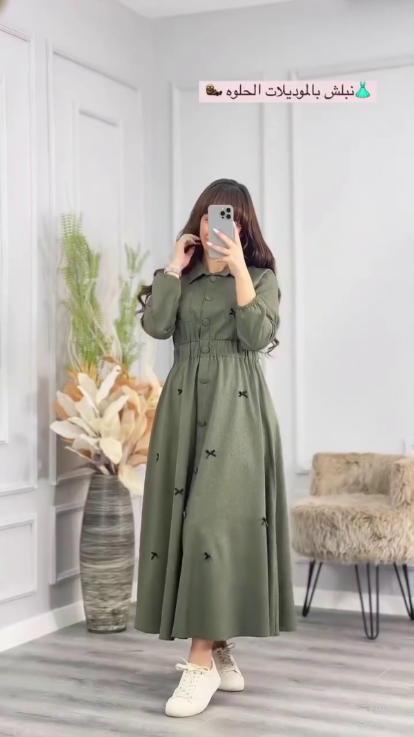 Long-Sleeve Button-Down Maxi Dress for Women with Cute Bow Embroidery, Featuring a Flattering Elastic Waist and Classic Collar – Available in Olive Green, Burgundy, Black, and Mocha Brown – Modest and Stylish Everyday Wear