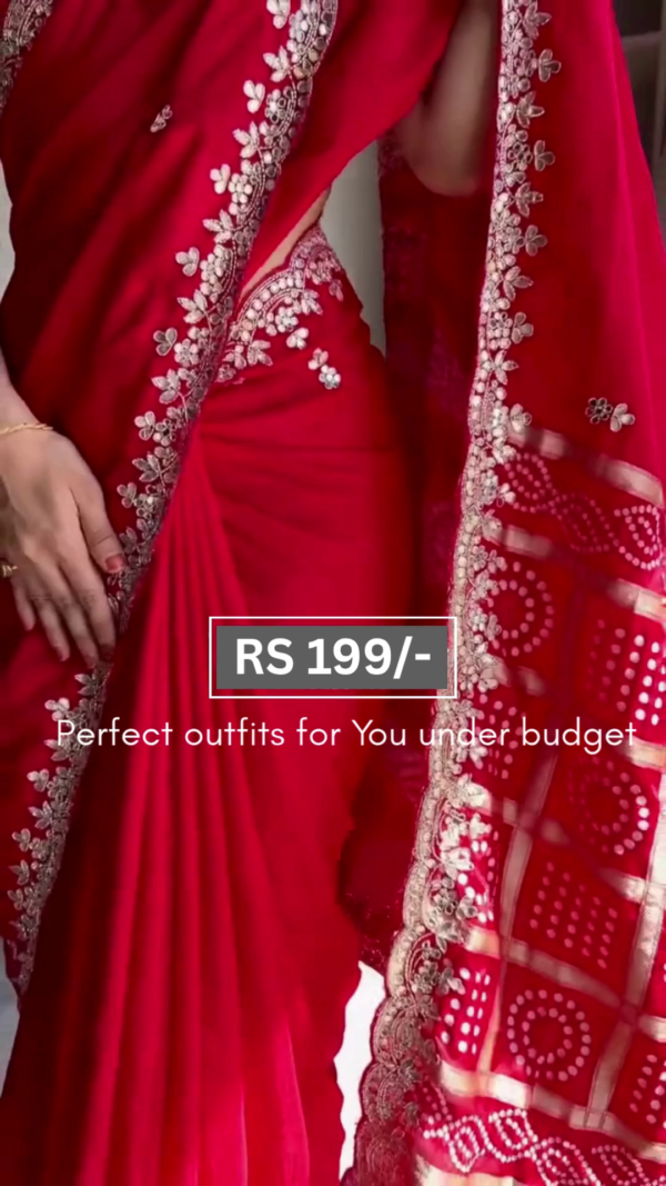 Graceful Red Designer Saree Featuring Exquisite Floral Embroidery and Traditional Bandhani Pallu – A Stunning Ethnic Outfit Ideal for Weddings, Festivals, and Celebrations, Perfect Blend of Elegance and Affordability for Every Woman - Image 4