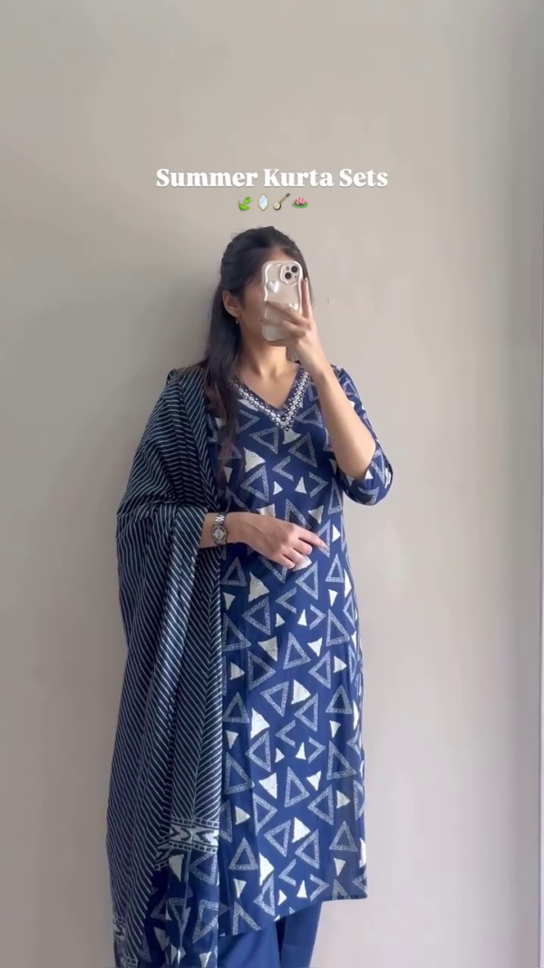 Comfortable Summer Kurta Sets for Women – Soft Cotton Blend Ethnic Wear with Dupatta, Available in Indigo Geometric Print, Floral Print, and Pastel Aqua Embroidered Design – Perfect for Casual and Festive Wear