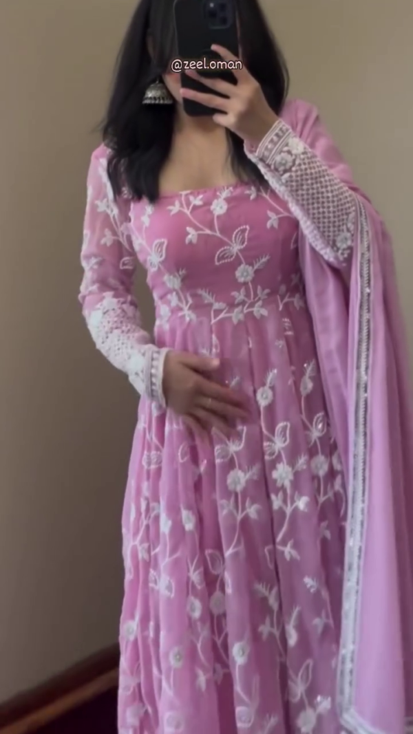 Mauve Pink Floral Embroidered Anarkali Suit with Net Dupatta and Full Sleeves, Traditional Indian Ethnic Wear for Weddings, Festivals, and Special Occasions - Image 3