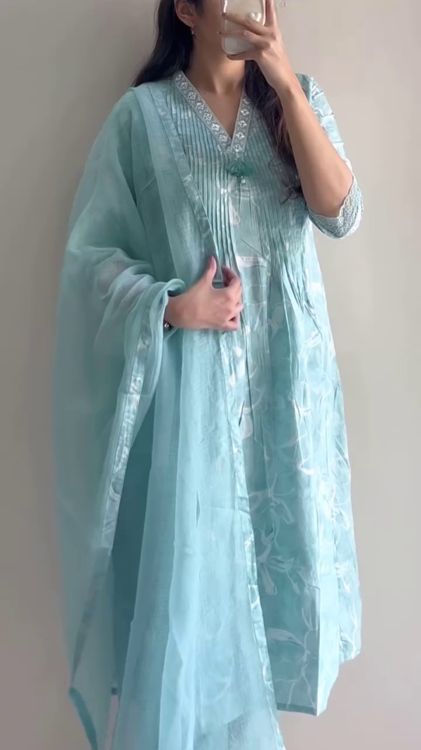 Comfortable Summer Kurta Sets for Women – Soft Cotton Blend Ethnic Wear with Dupatta, Available in Indigo Geometric Print, Floral Print, and Pastel Aqua Embroidered Design – Perfect for Casual and Festive Wear - Image 3