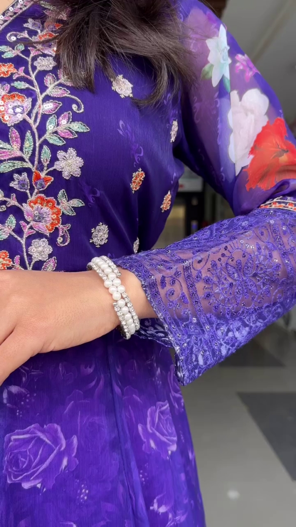 Purple Floral Embroidered Anarkali Suit with Sheer Net Sleeves, Intricate Sequin and Thread Work, Flowing Flared Hemline, and Matching Dupatta – Perfect for Festive, Wedding, or Party Wear - Image 3