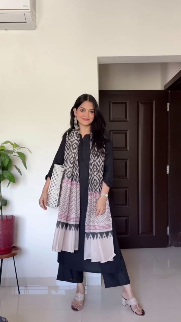 Black Kurta Set with Printed Ikat and Chevron Dupatta, Paired with Straight Pants,– Perfect for Casual and Semi-Formal Occasions