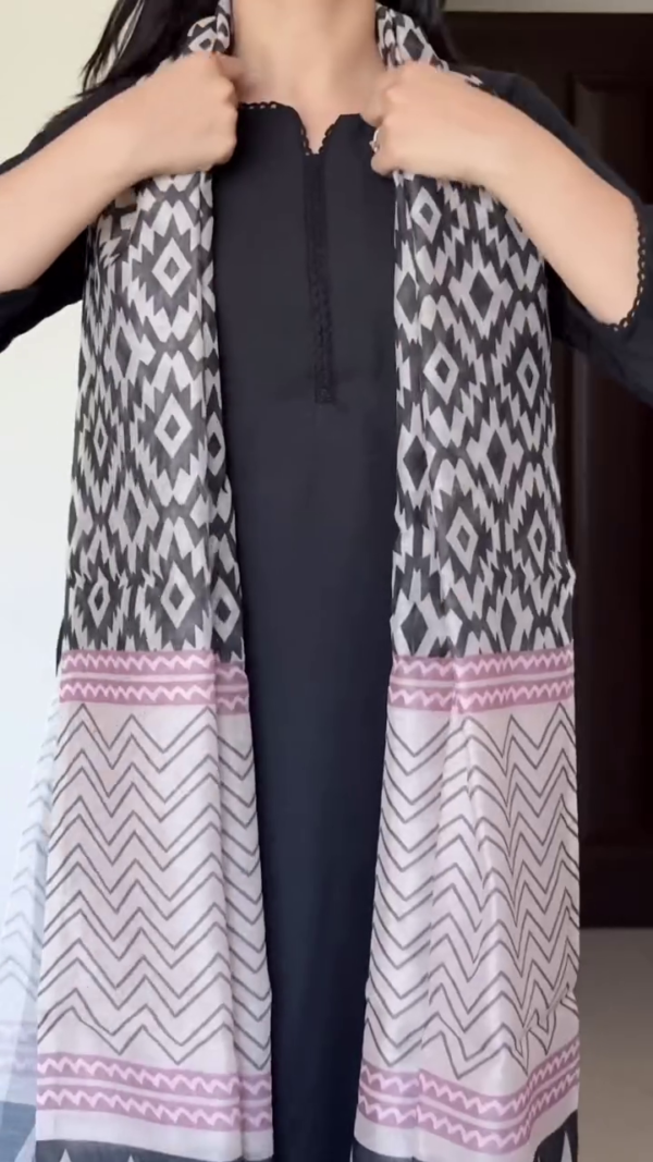Black Kurta Set with Printed Ikat and Chevron Dupatta, Paired with Straight Pants,– Perfect for Casual and Semi-Formal Occasions - Image 2