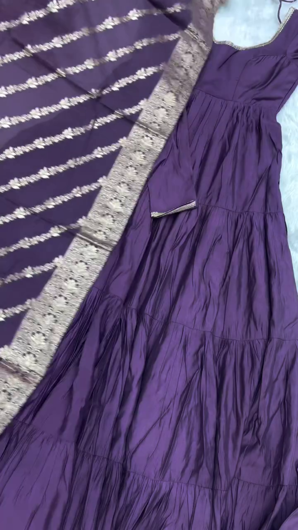 Tiered Anarkali Gown Set with Embroidered Dupatta – Available in Sage Green, Royal Purple, Deep Maroon, and Classic Black – Perfect for Festive and Traditional Occasions - Image 5