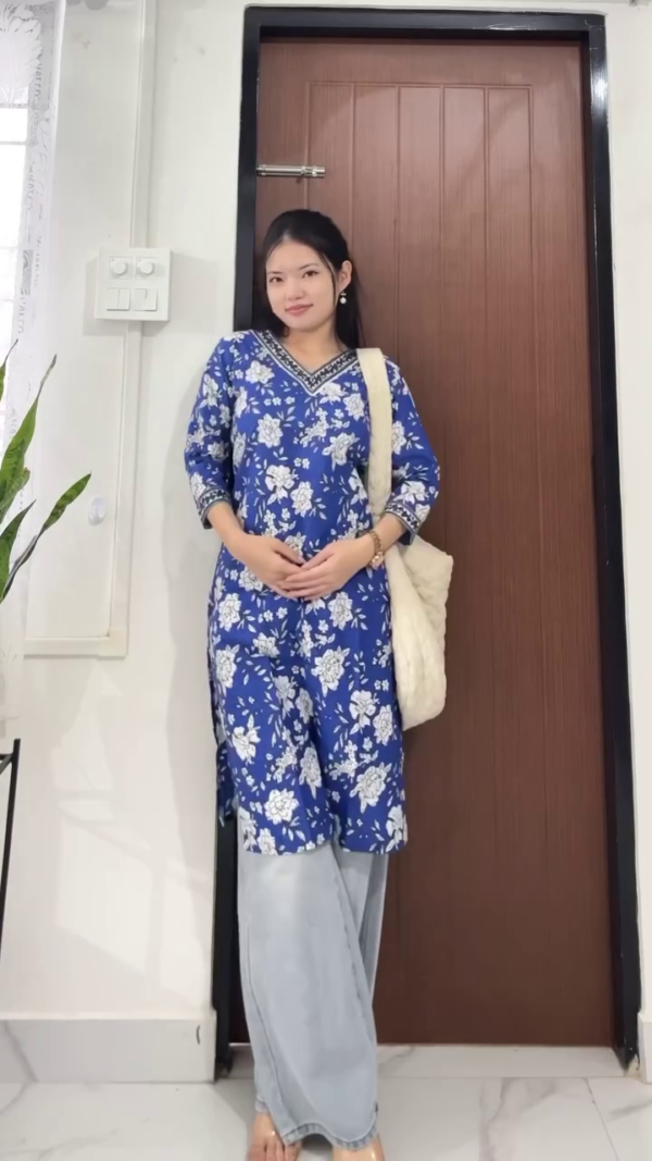 Stylish Cotton Kurtis with Front Detailing and Tassel Hem In multi Patterns Paired with Comfortable Wide-Leg Light Blue Denim Jeans – Casual Ethnic Fusion Wear for Women - Image 3