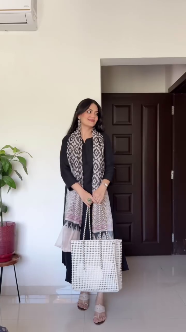 Black Kurta Set with Printed Ikat and Chevron Dupatta, Paired with Straight Pants,– Perfect for Casual and Semi-Formal Occasions - Image 3