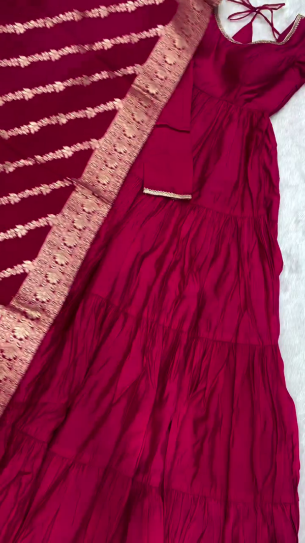 Tiered Anarkali Gown Set with Embroidered Dupatta – Available in Sage Green, Royal Purple, Deep Maroon, and Classic Black – Perfect for Festive and Traditional Occasions - Image 4