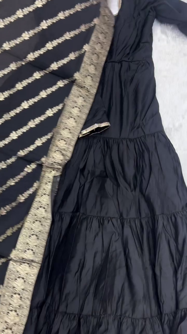 Tiered Anarkali Gown Set with Embroidered Dupatta – Available in Sage Green, Royal Purple, Deep Maroon, and Classic Black – Perfect for Festive and Traditional Occasions - Image 3