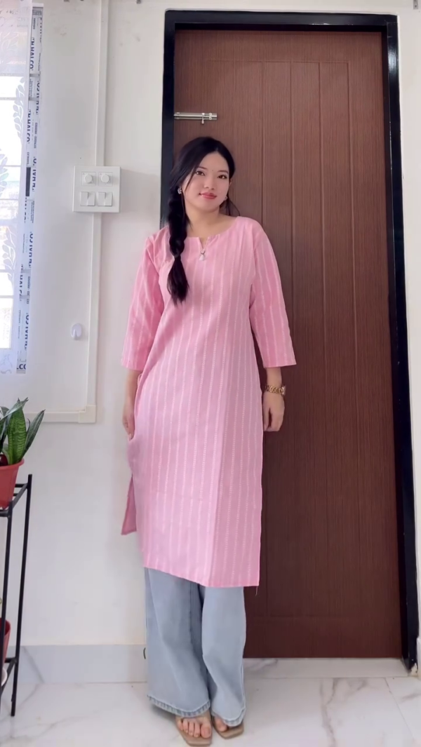 Women's Casual Cotton Embroidered & Printed Straight Kurtis with Three-Quarter Sleeves Paired with Wide-Leg Denim Jeans – Stylish Ethnic Indo-Western Fusion Wear for Everyday Comfort and Elegance - Image 2