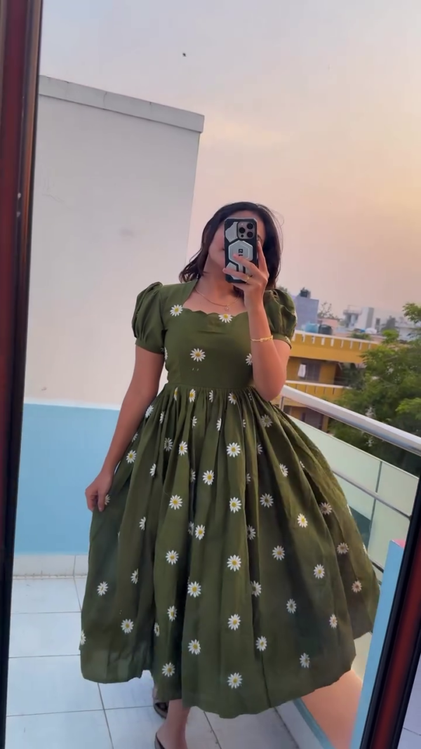 Floral Puff Sleeve Maxi Dress for Women – Soft Cotton Anarkali Gown Style with Daisy Print – Available in Multi Colors – Perfect for Casual Outings, Summer Brunches, and Day Events - Image 3