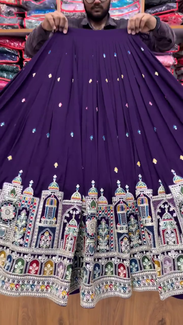 Deep Purple Embroidered Lehenga Choli Set with Intricate Mirror Work, Traditional Temple Border Design, and Matching Dupatta – Perfect for Weddings, Festivals, and Special Occasions - Image 2