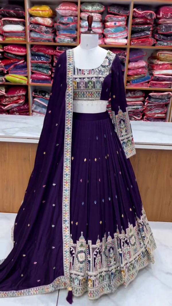 Deep Purple Embroidered Lehenga Choli Set with Intricate Mirror Work, Traditional Temple Border Design, and Matching Dupatta – Perfect for Weddings, Festivals, and Special Occasions