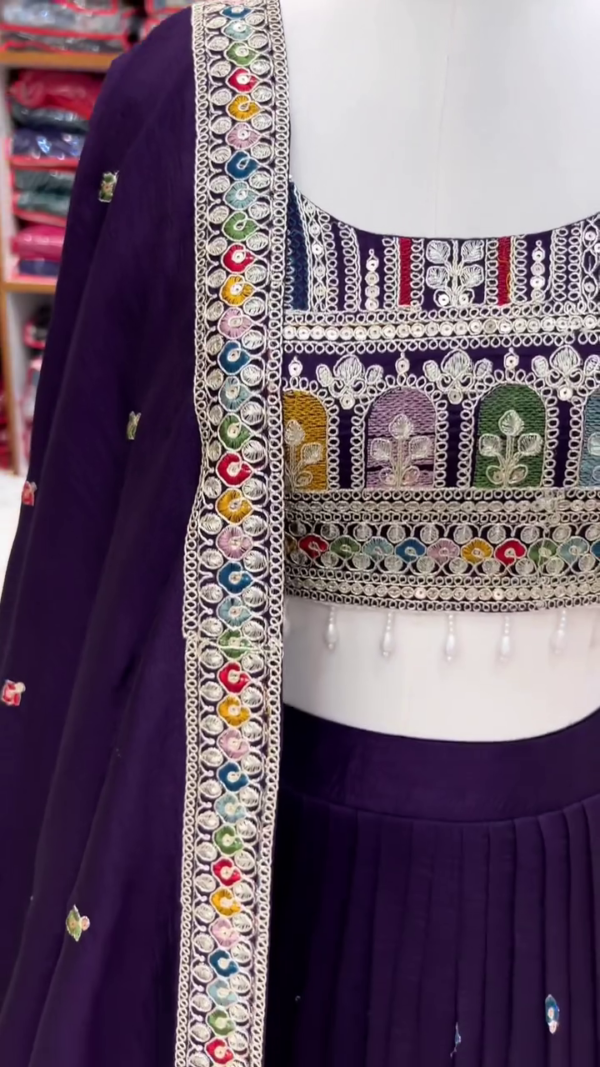 Deep Purple Embroidered Lehenga Choli Set with Intricate Mirror Work, Traditional Temple Border Design, and Matching Dupatta – Perfect for Weddings, Festivals, and Special Occasions - Image 3