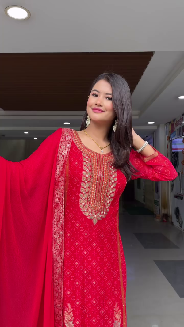 Light Peach Embroidered Kurta Set Featuring Delicate Sequin Work and Zari Detailing, Complemented by Straight Pants and a Flowing Chiffon Dupatta – Ideal Ethnic Outfit for Celebrations and Formal Events - Image 2