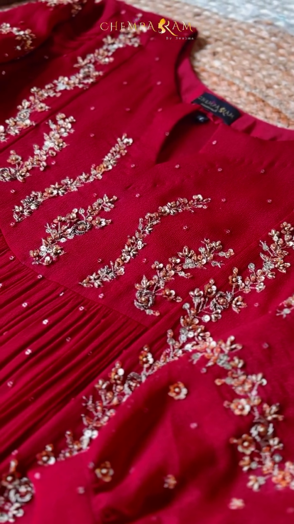 Maroon Hand-Embroidered Anarkali Dress with Intricate Floral Sequin Work, Pleated Detailing, and Full Sleeves – Designer Ethnic Wear by Chemparakam - Image 2