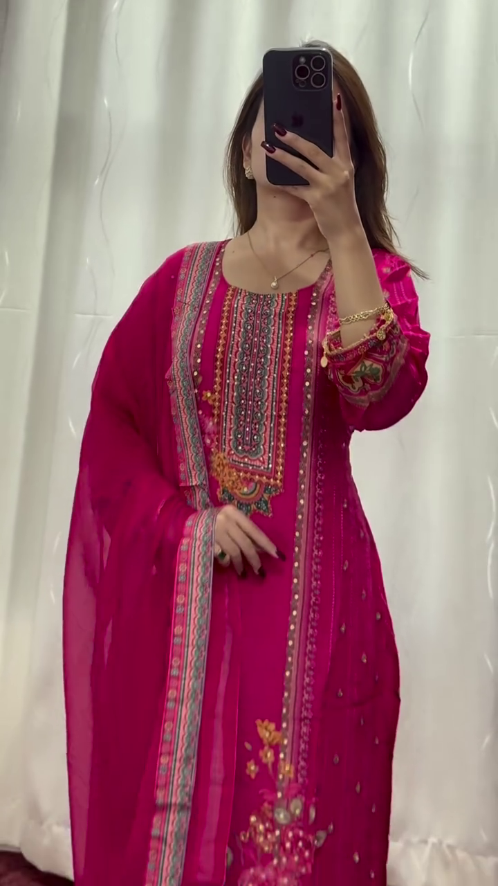 Bright Orange and Pink Silk Lehenga with Heavy Mirror and Thread Work