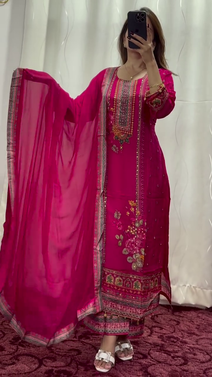 Bright Orange and Pink Silk Lehenga with Heavy Mirror and Thread Work - Image 2