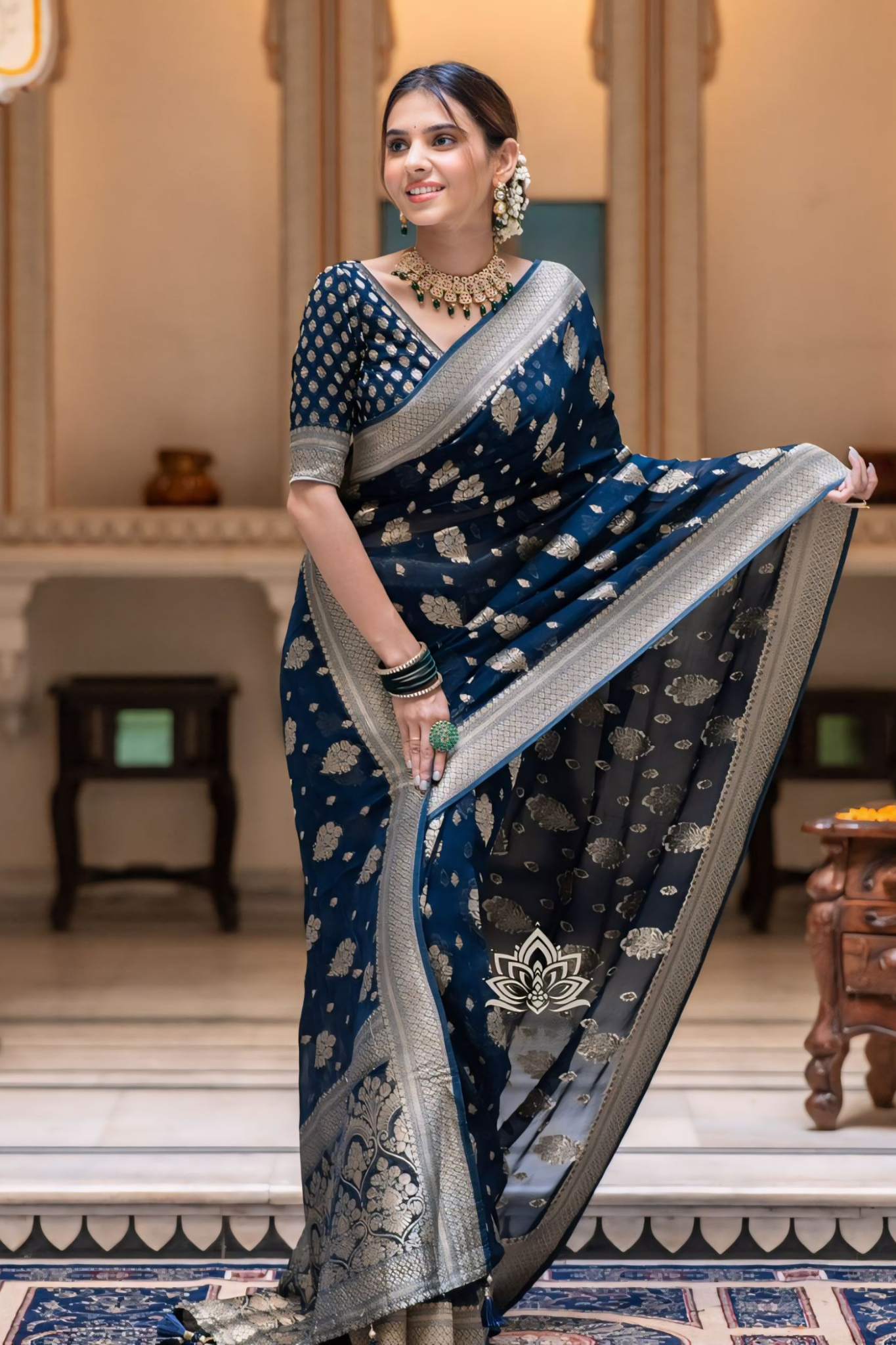 ALLIRING PERFECT WEAVED GEOGETTE KHADDI SAREE - Image 4