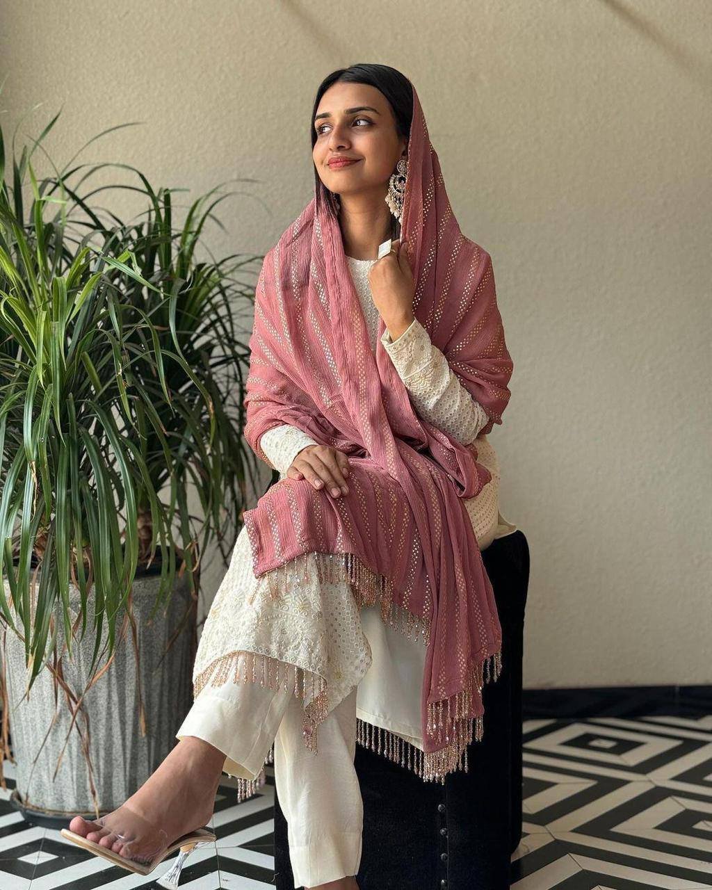 Desirable Fancy Faux Georgette Sequence Thread Embroidered Work Top and Pant With Dupatta - Image 3