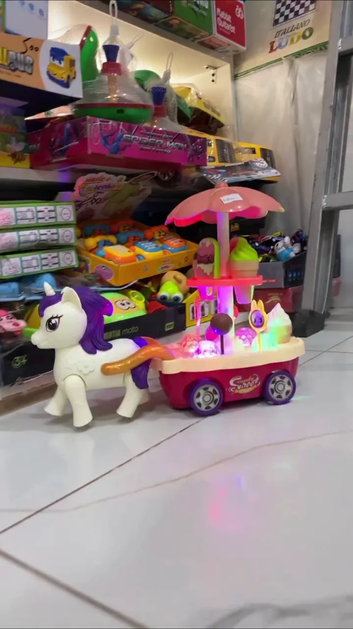 Magical Unicorn Candy & Ice Cream Cart Toy with 3D LED Lights, Music, and Rotating Umbrella