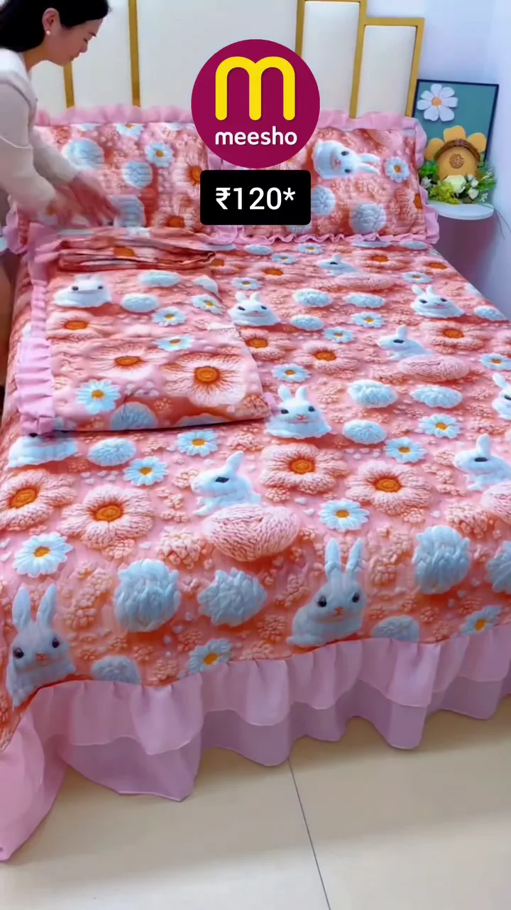 Premium 3D Rabbit and Floral Print Frilled Bedsheet Set - Soft Microfiber Double Bedspread with Matching Pillow Covers