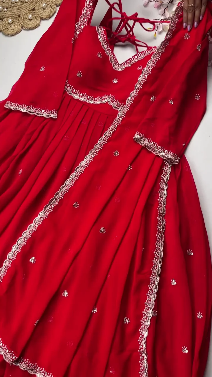 Elegant Crimson Red Georgette Anarkali Gown with Intricate Silver Gota Patti Embroidery and Scalloped Lace Detailing - Image 2