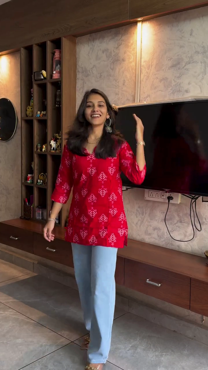 Premium Cotton Ethnic Tunics | Elegant Red Ikat & Purple Floral Printed Short Kurtis | Comfort Fit 3/4 Sleeves Daily & Office Wear - Image 2