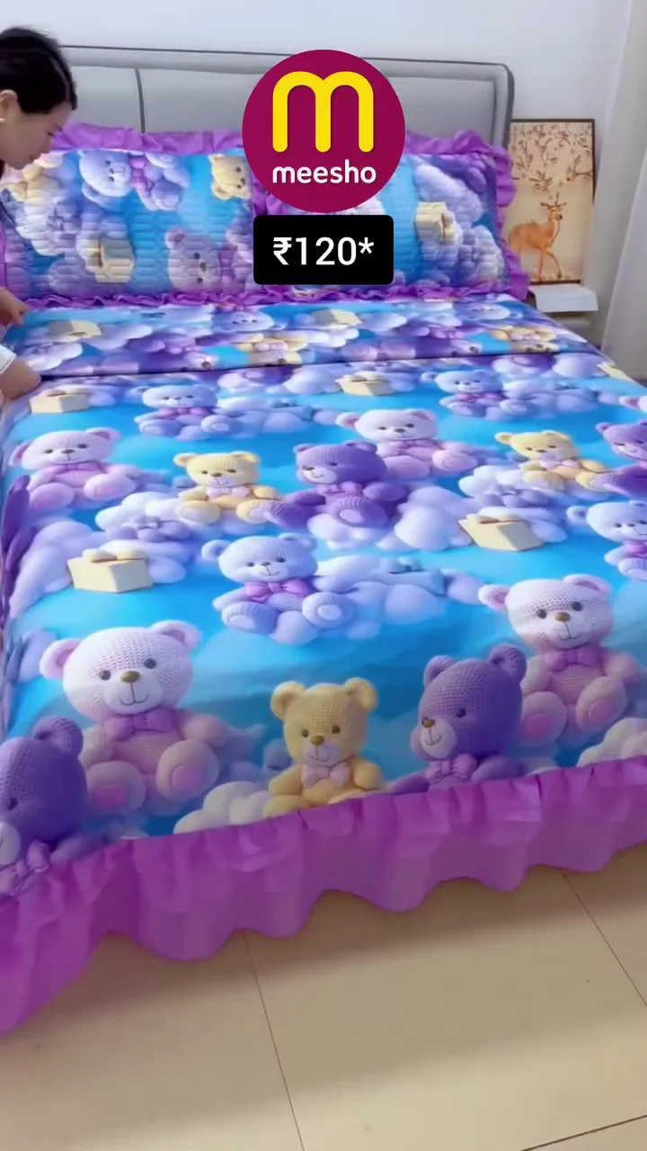 Premium 3D Rabbit and Floral Print Frilled Bedsheet Set - Soft Microfiber Double Bedspread with Matching Pillow Covers - Image 2