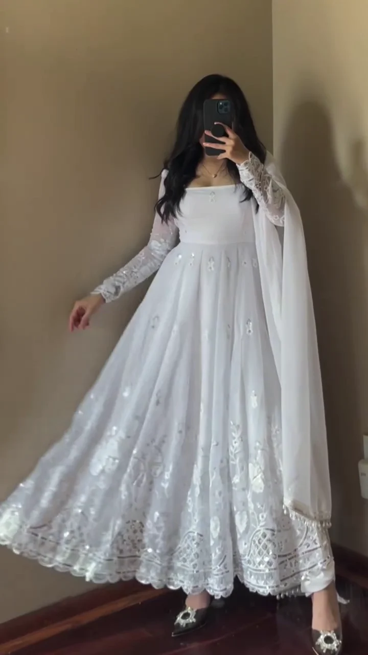 Angelic Pure White Georgette Anarkali Gown with Intricate Chikankari-Style Embroidery, Sheer Lace Sleeves, and Mirror-Work Border - Image 2