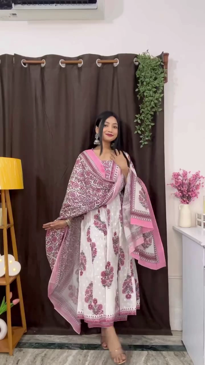 Elegant White & Pink Floral Anarkali with Matching Dupatta | Vibrant Mustard Yellow Ikat Printed Kurta Pant Set with Dupatta