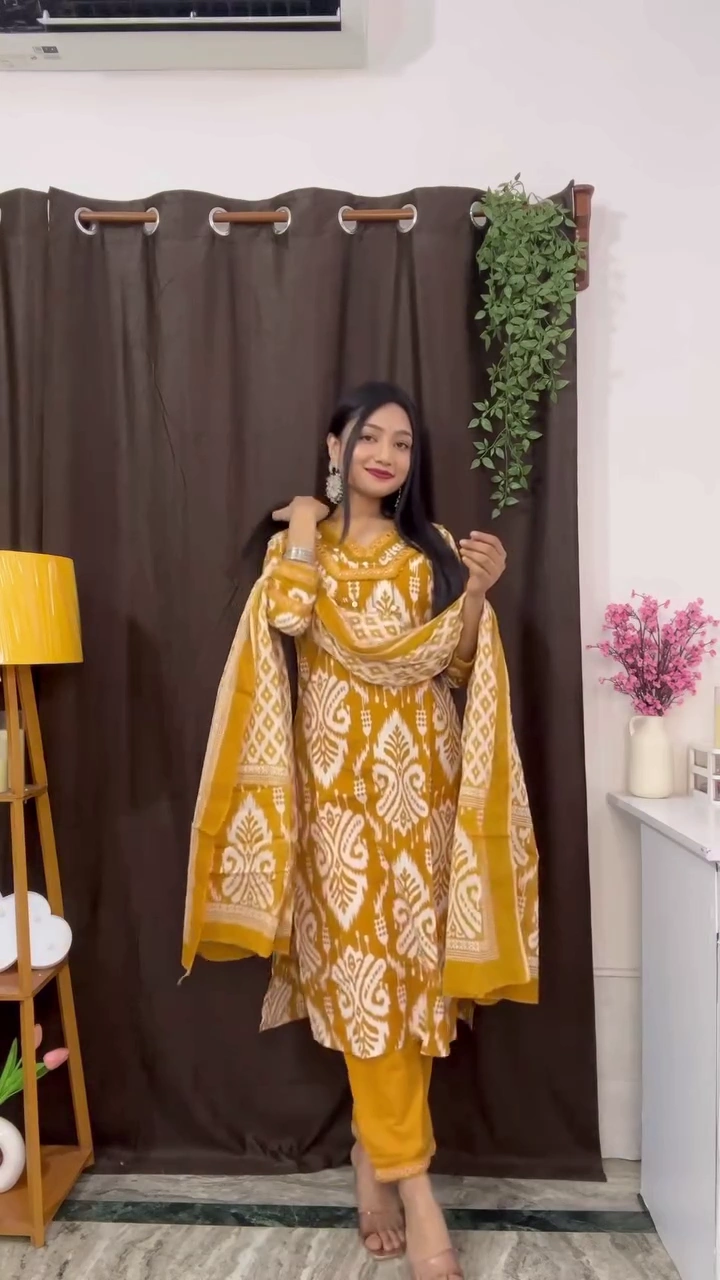 Elegant White & Pink Floral Anarkali with Matching Dupatta | Vibrant Mustard Yellow Ikat Printed Kurta Pant Set with Dupatta - Image 2